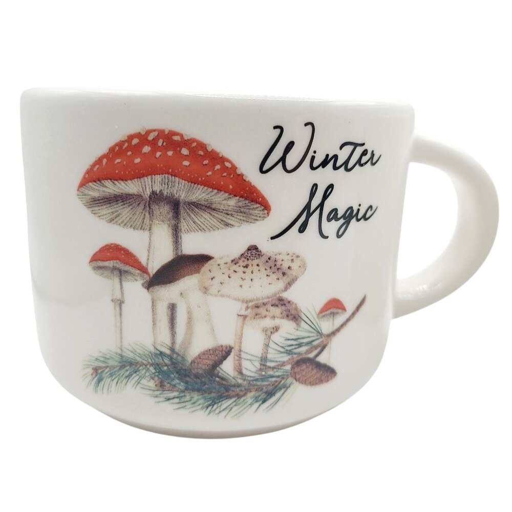 Mushroom Coffee Cups Set Of 2 Ceramic "Winter Magic" Cottage Core Green Interior - Picture 2 of 10